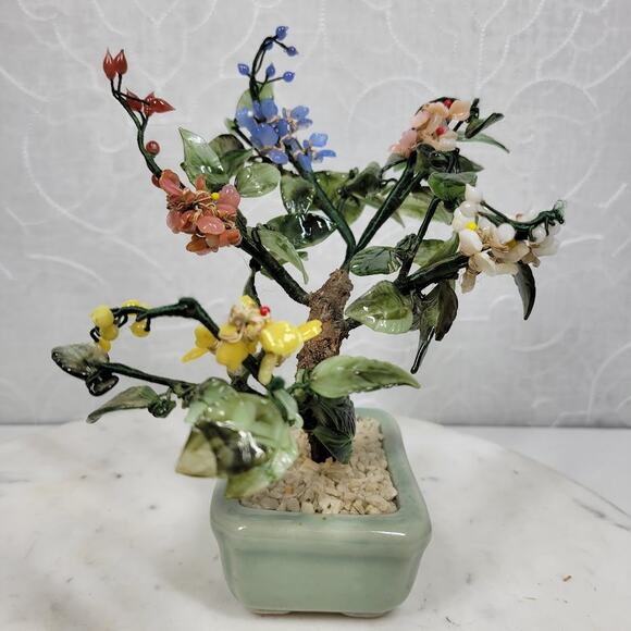 Vintage Bonsai Tree Jade Glass 8" Japanese Oriental Flower Blossom Ceramic Pot - Picture 9 of 15